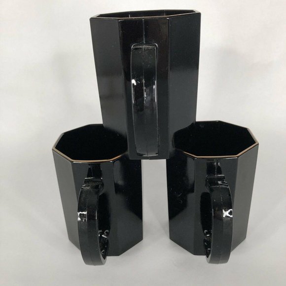 3 Arcoroc Black Shanghai Mugs Gold Trim Octime Octagon Made France Coffee Cups - Picture 4 of 6